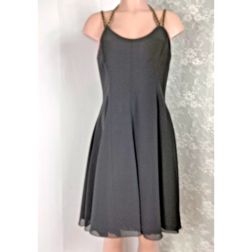 HW Collections Black Chiffon Cocktail Dress with Gold & Black straps size 8